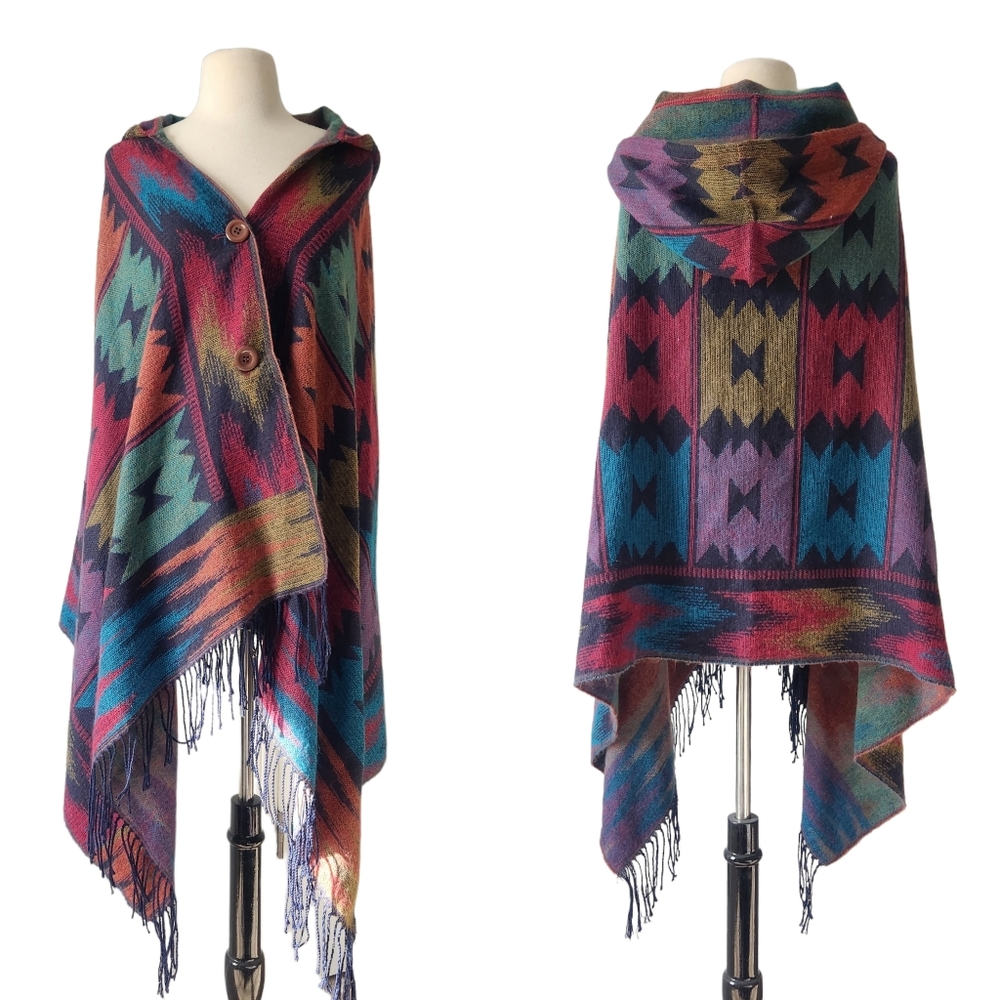 Southwestern Aztec Print Poncho Cape Hood